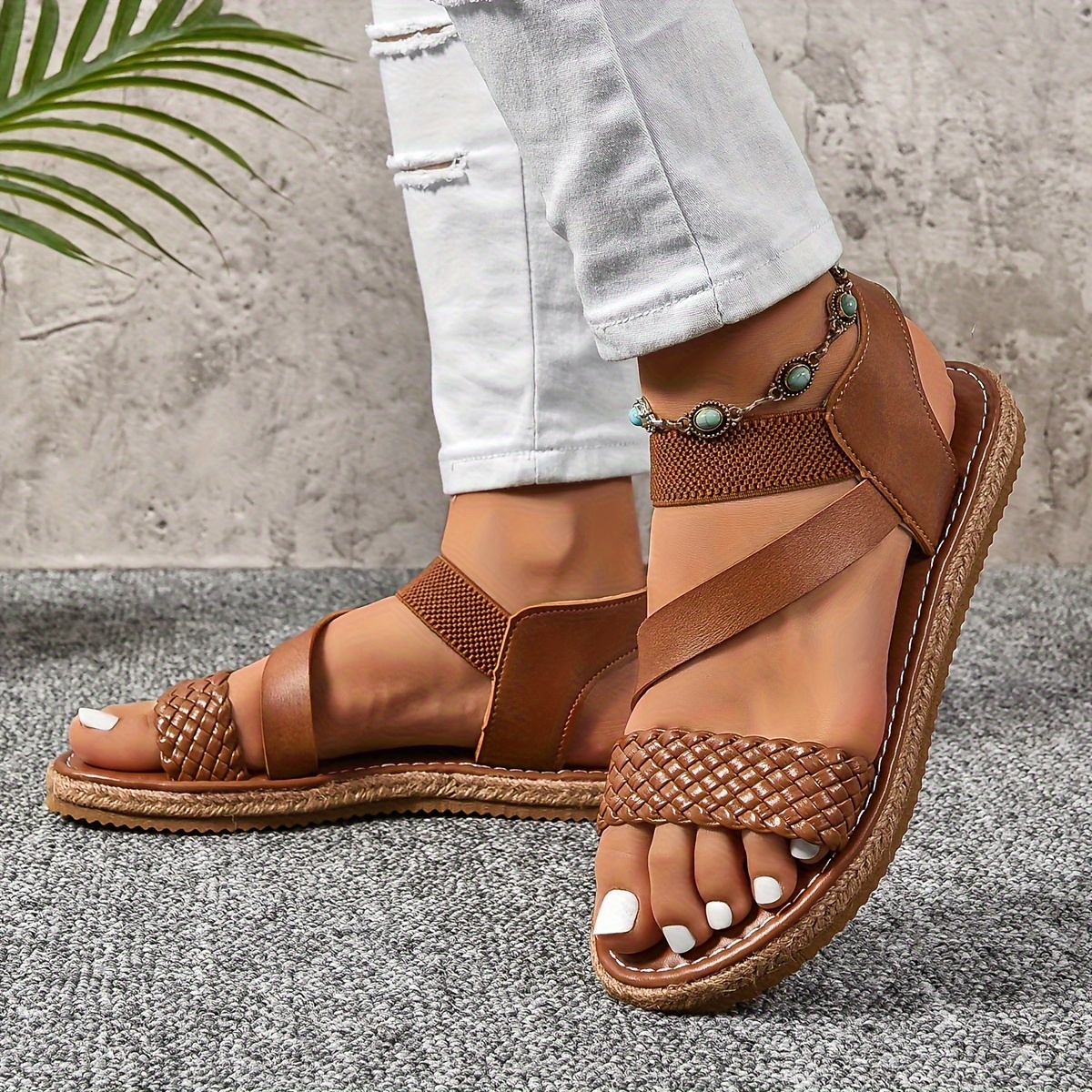 

Flat Sandals For Women, Elastic Ankle Strap Lightweight Braided Vacation Shoes, Summer Beach Shoes