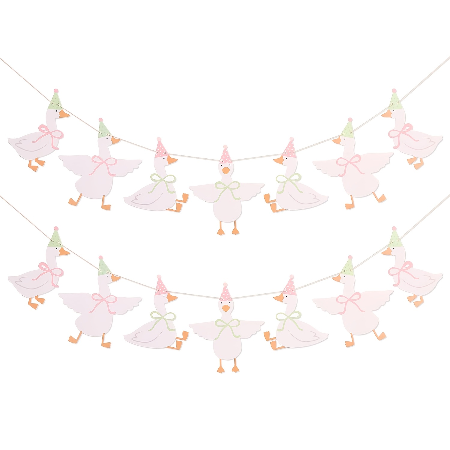 TEMU 1/2pcs Guirlande de Bannière en Papier Oie Blanche, Mignonne Drapeau à Découpe d'Oie de Ferme avec Mini Chapeau de Fête & Décor de Nœud Pastel,
