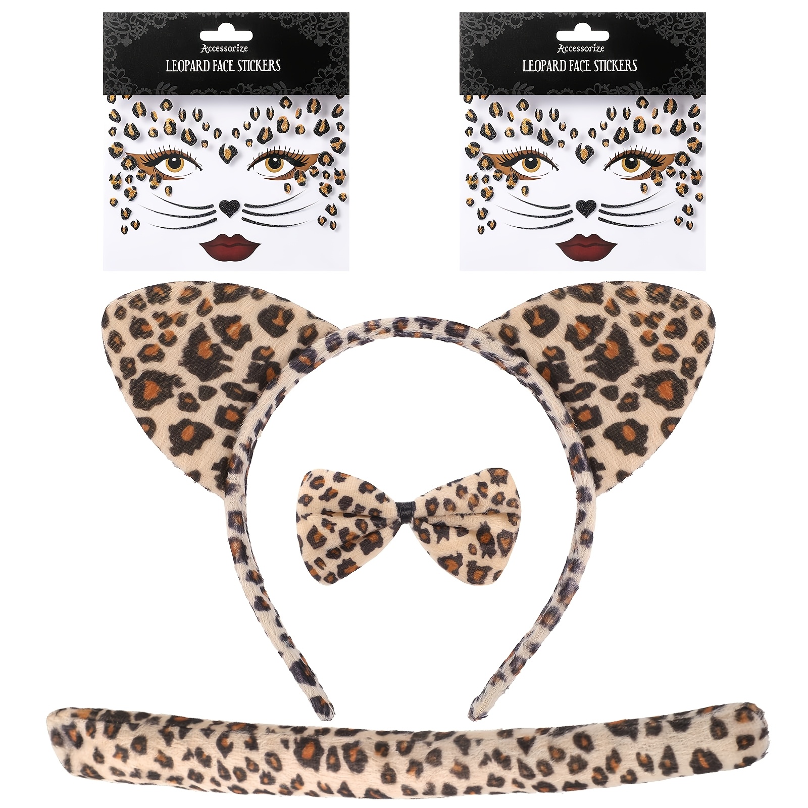 TEMU 5pcs Costume Suit With Ear Headband, Leopard/cat Tail & Tie - Adhesive Stickers Suitable For Role-play, Parties, Carnivals, Halloween,, Animal