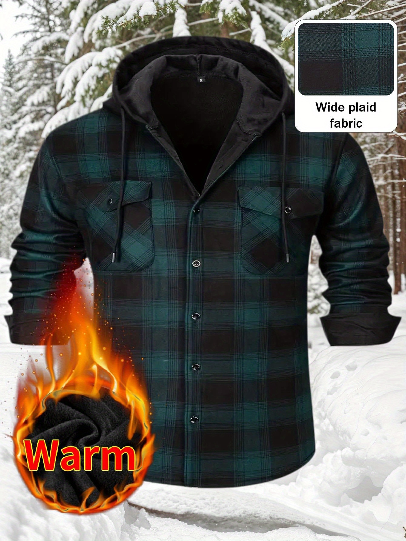 Thermisch werkschort met capuchon voor heren - Heavy-duty fleece gevoerde winterjas met ruitpatroon, volledige ritssluiting aan de voorkant, lange mouwen