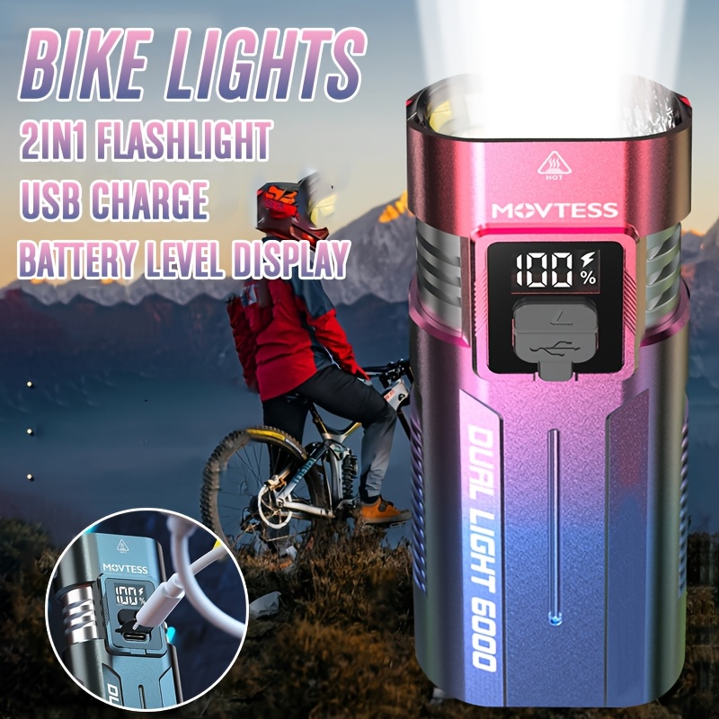 Super Bright Aluminum LED Bike light, Outdoor Cycling light, USB Fast charging, with Battery Level indicator and Emergency light, Easy to Install with Loop Rope closure, 4 Lighting modes, Suitable for Outdoor Riding, Hiking, Camping, Outdoor Lighting