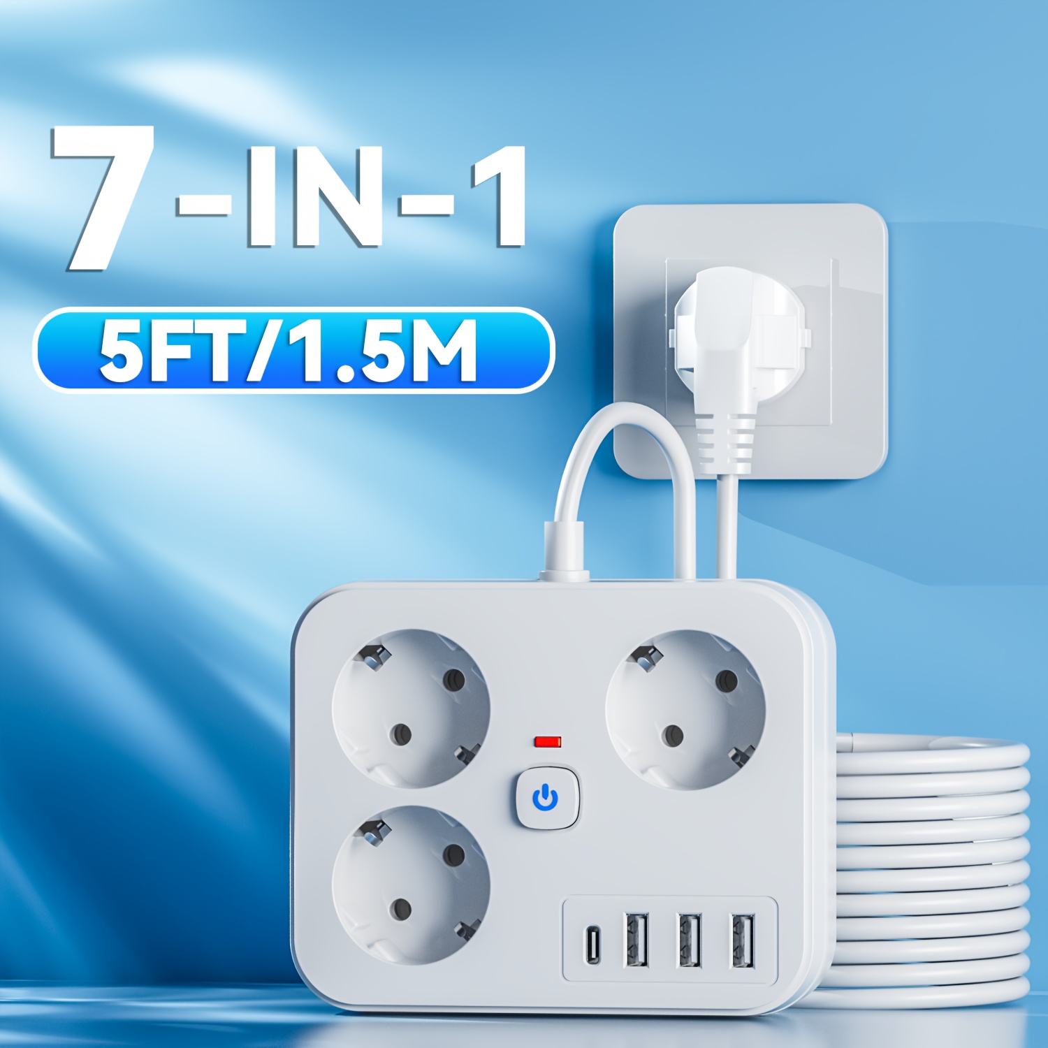 TEMU Surge Protector Multifunctionele Stekkerdoos met 3 Europese Stopcontacten, 3 USB-A Poorten en 1USB-C, Verlengsnoer 5/10/15 Voet Lang Compact &