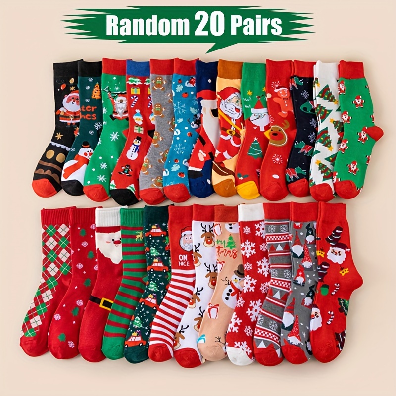 

20 Pairs Of Men's And Women's Autumn And Winter Christmas Santa Claus, Snowflakes, , Elk, Gingerbread Men, Christmas Trees, Comfortable Mid-calf Socks, For On Christmas