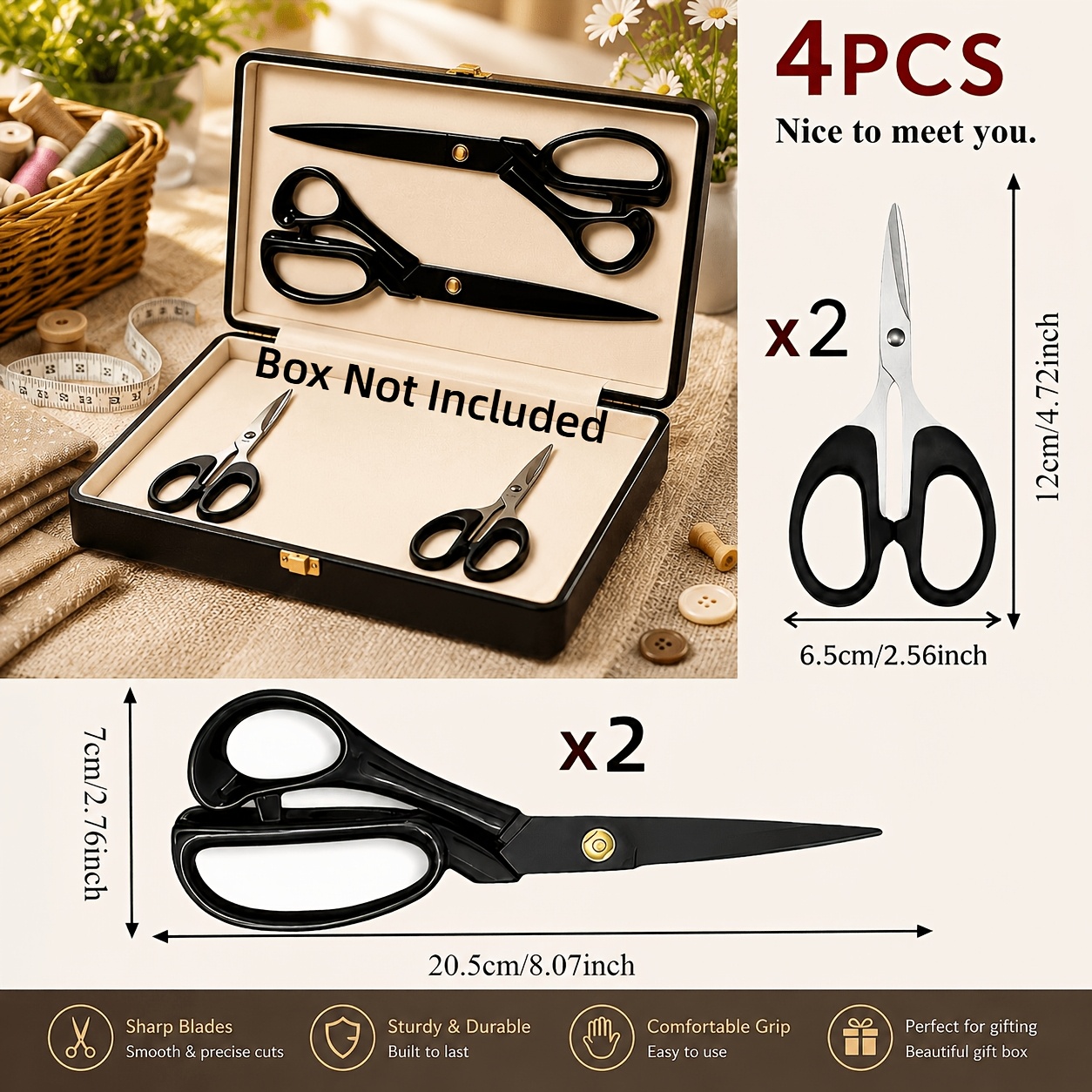 TEMU 4pcs Set Heavy-duty Leather Scissors - 8 Inches (2pcs) And 4.72 Inches (2pcs) | Professional Tailor Fabric Scissors | Heavy-duty Sewing Scissors