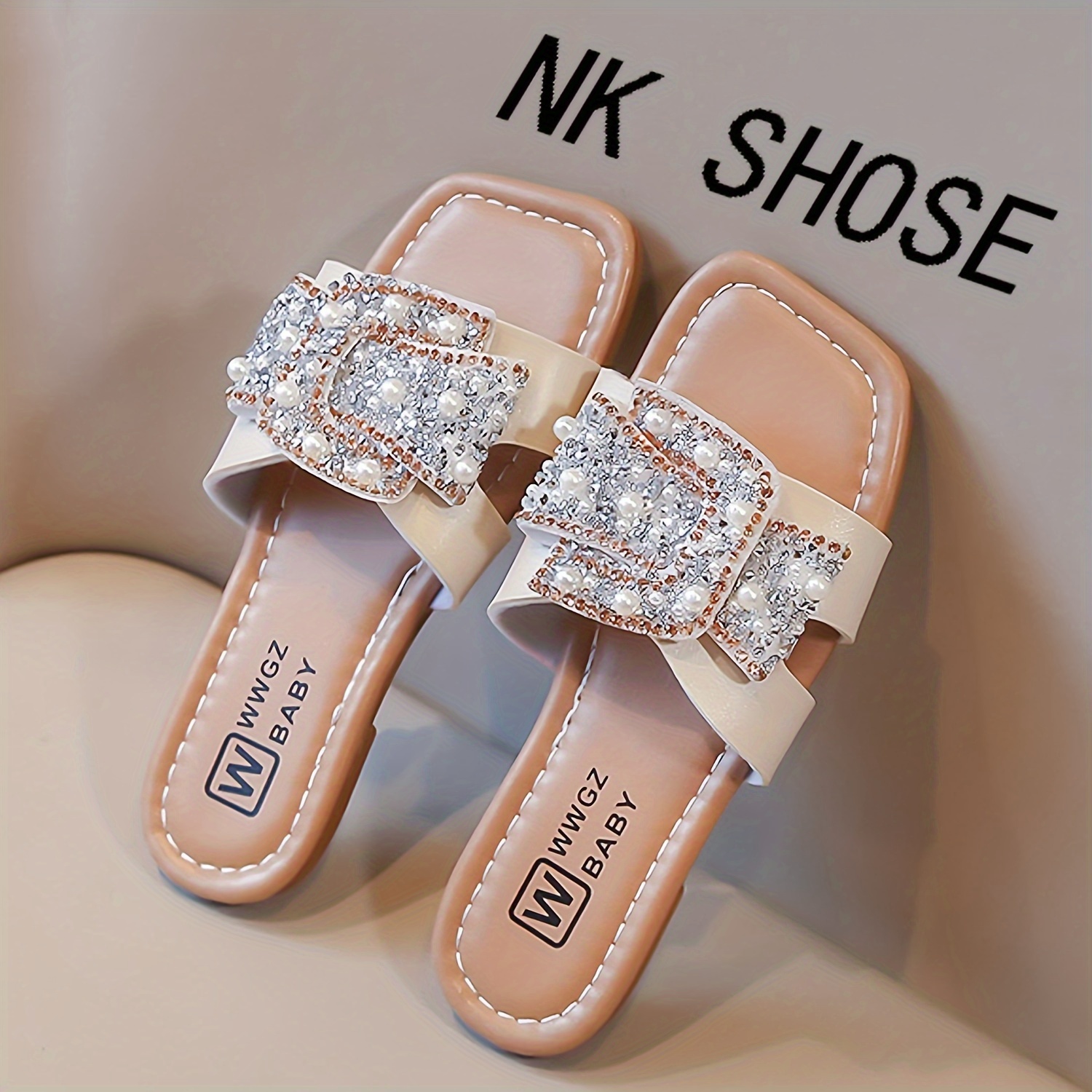 

Girls Rhinestone And Faux Pearl Decor Open Toe Slippers, Stylish Breathable Lightweight Slippers For Holiday Beach