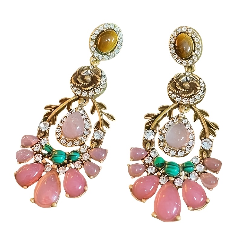 TEMU 1 Pair Women's Oversized Pendant Earrings, Inlaid With Pink And Green Flowers, Exquisite And Unique, Suitable For Anniversary And Birthday Party
