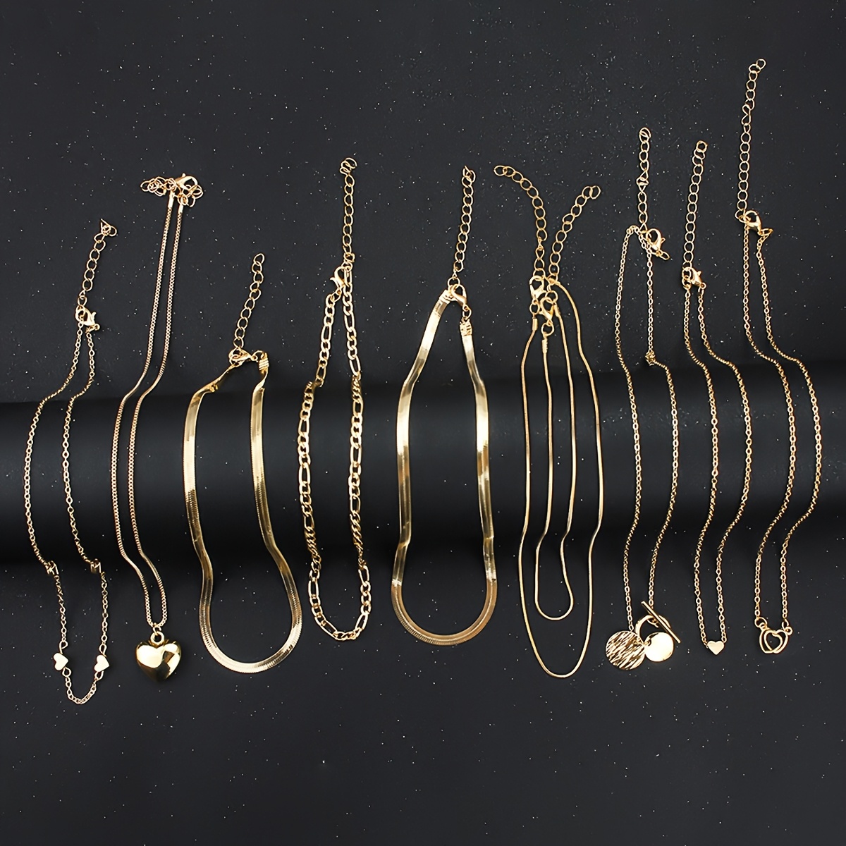 Image of 10pcs Minimalist Heart Pendant Necklace, Punk Vintage Flat Snake Chain Necklaces For Women Daily Wear, Hip Hop Fashion Additions