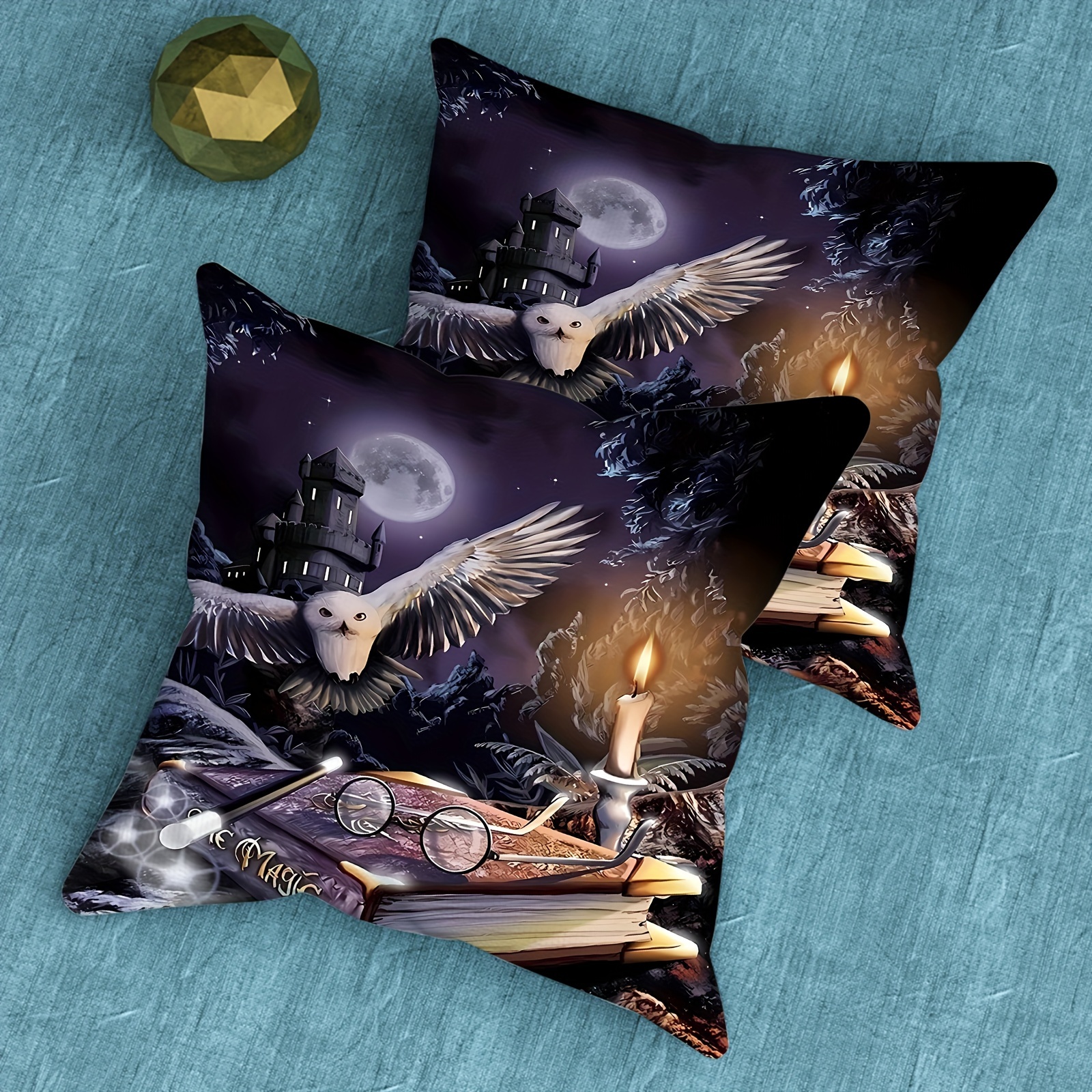 

2-piece Owl Castle Moon Plush Throw Pillow Covers, 18x18 Inches - Zippered, Machine Washable, Soft Microfiber For Sofa & Bedroom Decor