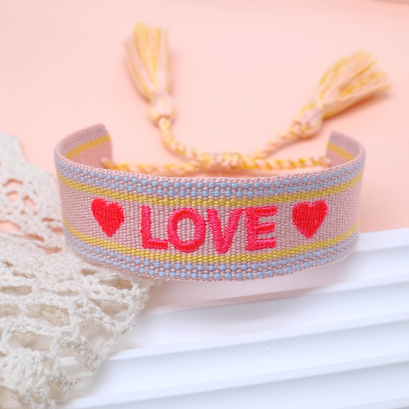 Handcrafted Vintage Tassel Bracelet with Embroidered Hearts