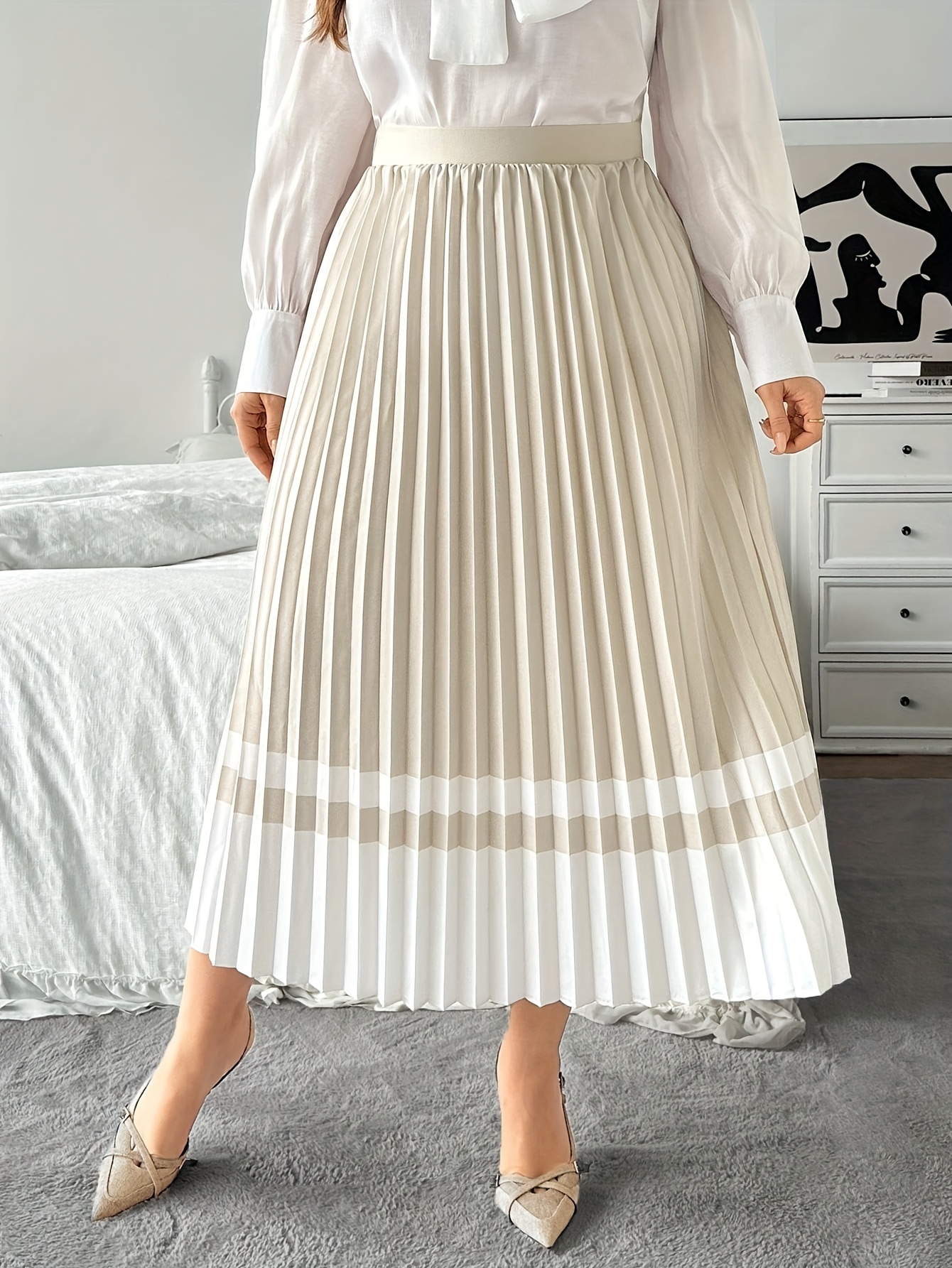 Elegant Plus Size Beige White Pleated Midi Skirt High-Waisted, Flowing  Design with Vertical Stripes Work, Casual Wear, or Valentine'S Day