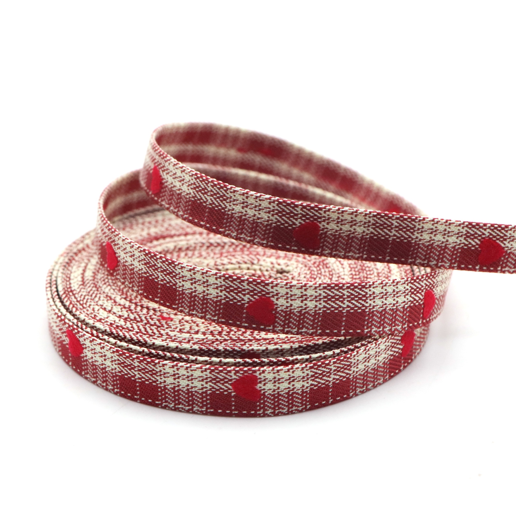 Image of 1 Roll Vintage Red Gingham Fabric Ribbon - 4.57m Checkered Roll With 3d Heart Pattern, Ideal For Christmas, Valentine's Day, Crafts, Gift Wrapping