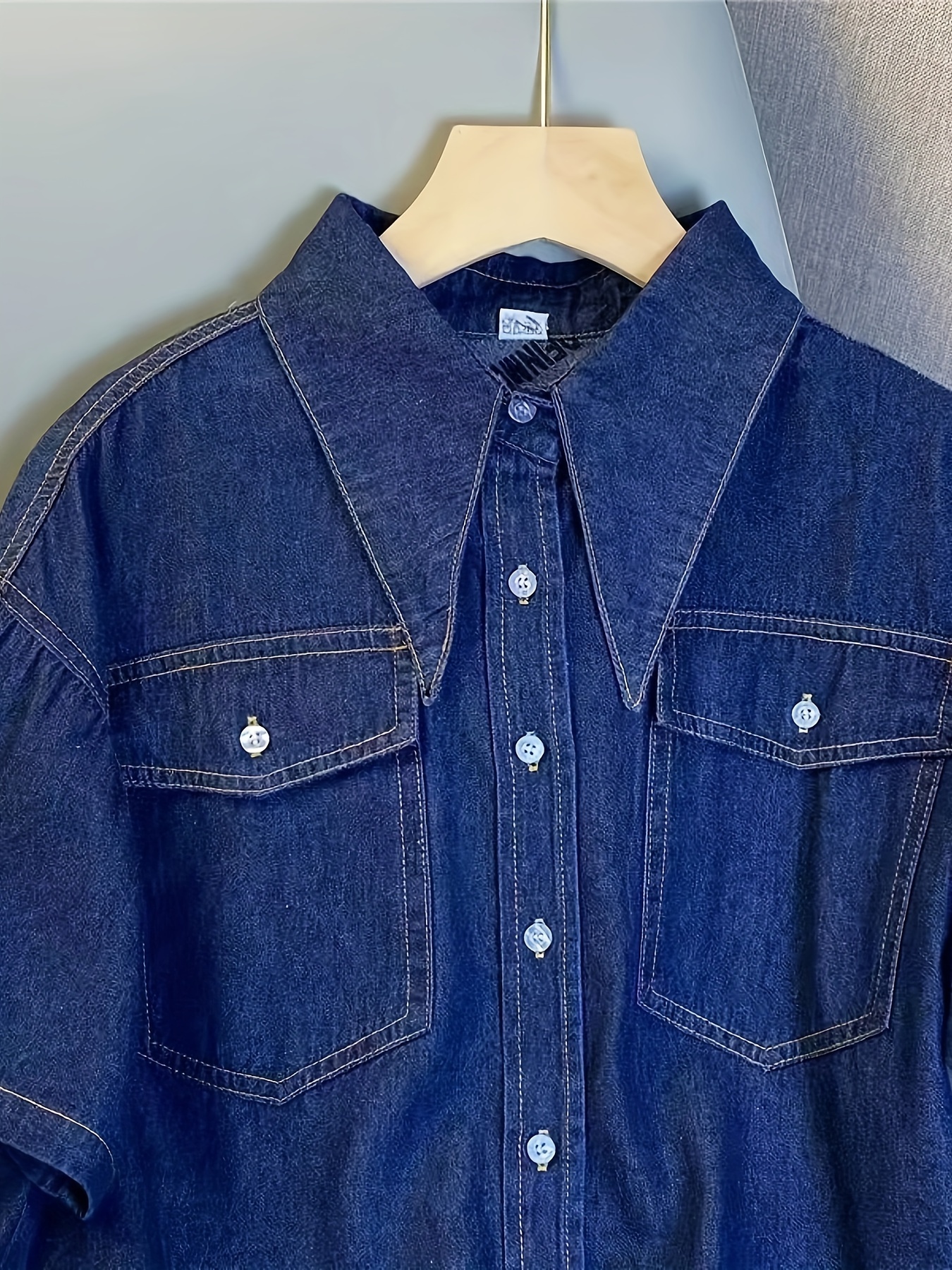 レディースカジュアル半袖デニムボタンアップシャツ ブルーのコットン  