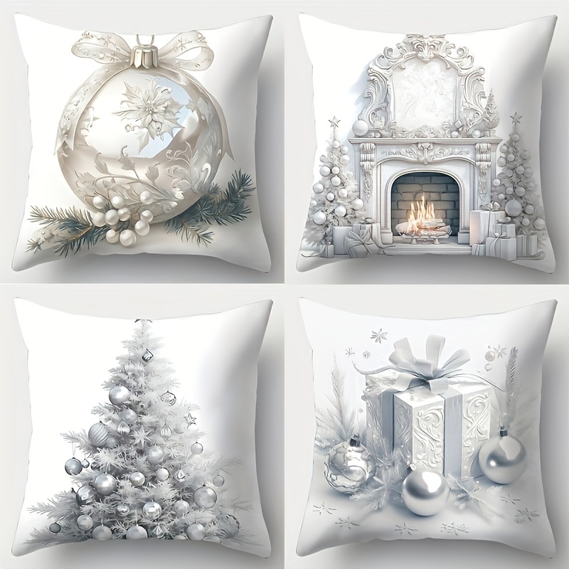 

4pcs Christmas Throw Pillow Cover Set - Holiday Hearth & Tree Designs, 18x18 Inches, Zip Closure - Living Room, Bedroom, Office Decor - Polyester, Stain-resistant - Pillow Form Not Included