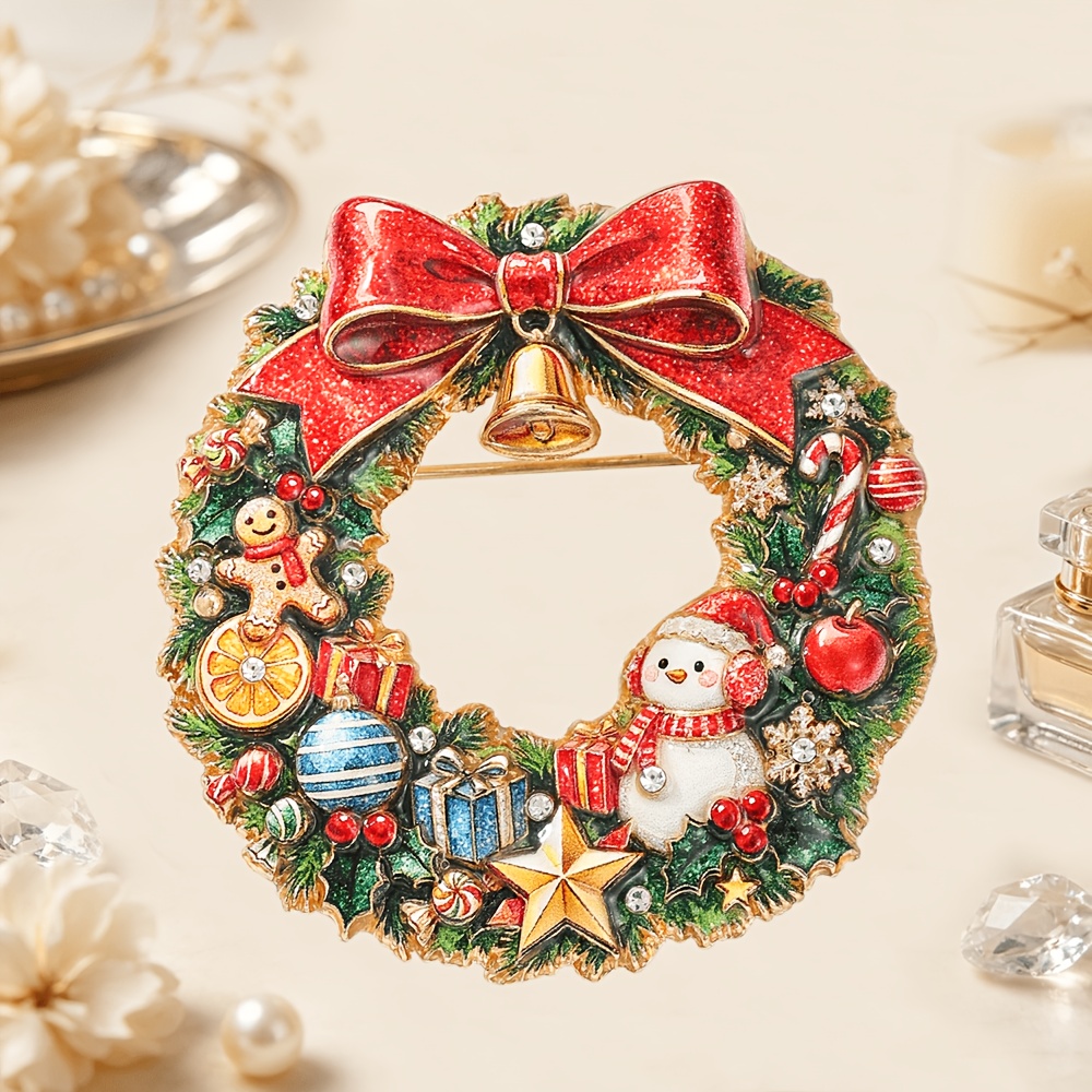 TEMU Christmas Wreath Enamel Brooch, Inlaid Rhinestone Snowman Gingerbread Pin, Christmas Fashion Accessory Gift