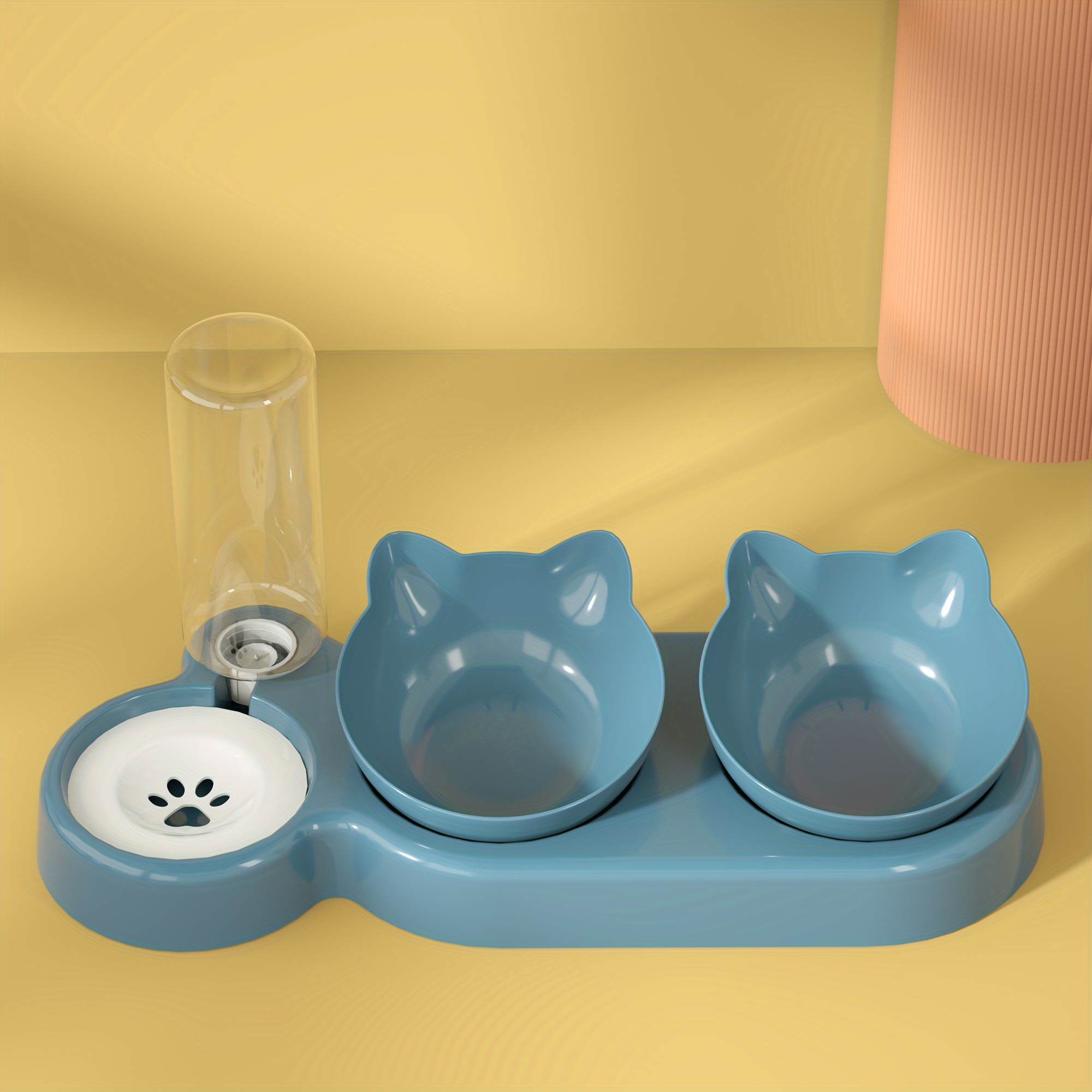 

Cat Ear Design Automatic Water Dispenser With Dual Bowls - Non-electric Siphon Principle Plastic Feeding Station For Cats