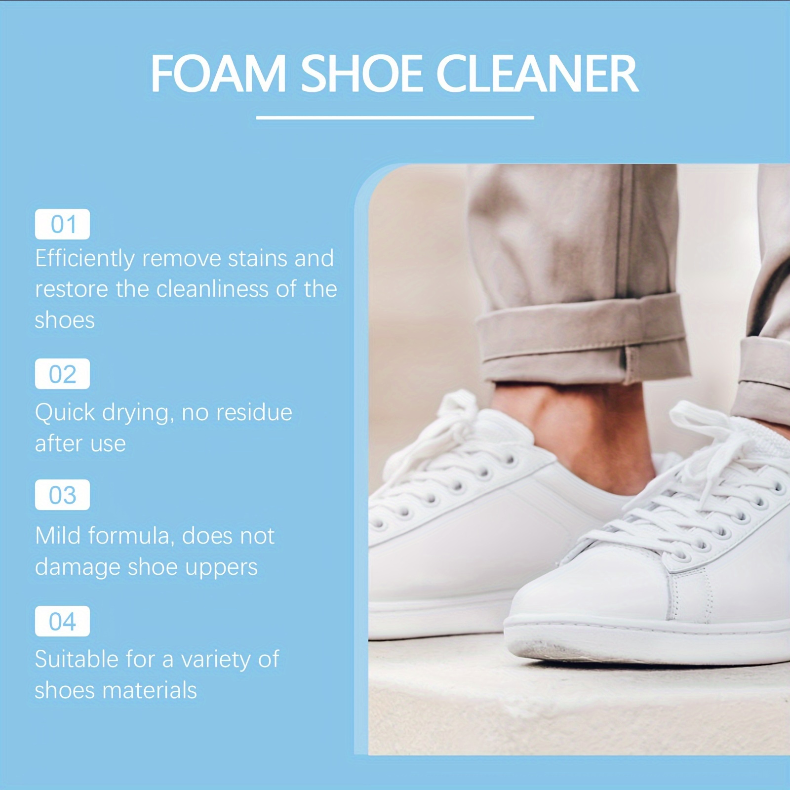   foam shoe cleaner - gentle formula for deep stain removal, residue-free liquid cleaner with  , safe for   materials including canvas,   towel, brush, and sponge - 1l details 2