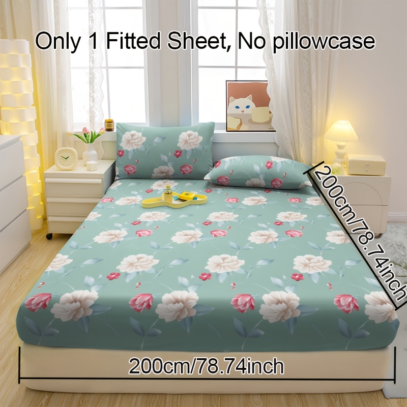 TEMU 1pc Flower White With Red Pattern Printing Brushed Mattress Cover, Bedroom Printing Fitted Sheet, Bedspread, Mattress Cover, Bag, Dustproof