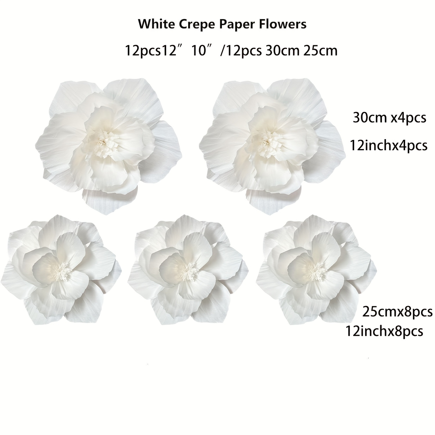 5-12pcs 12" (30cm) And 10" (25cm) White Paper Flowers, Artificial 3d Wall Décor For Wedding, Birthday, Bridal Shower, Party Decorations, Photo Backdrop, And Archway Decor