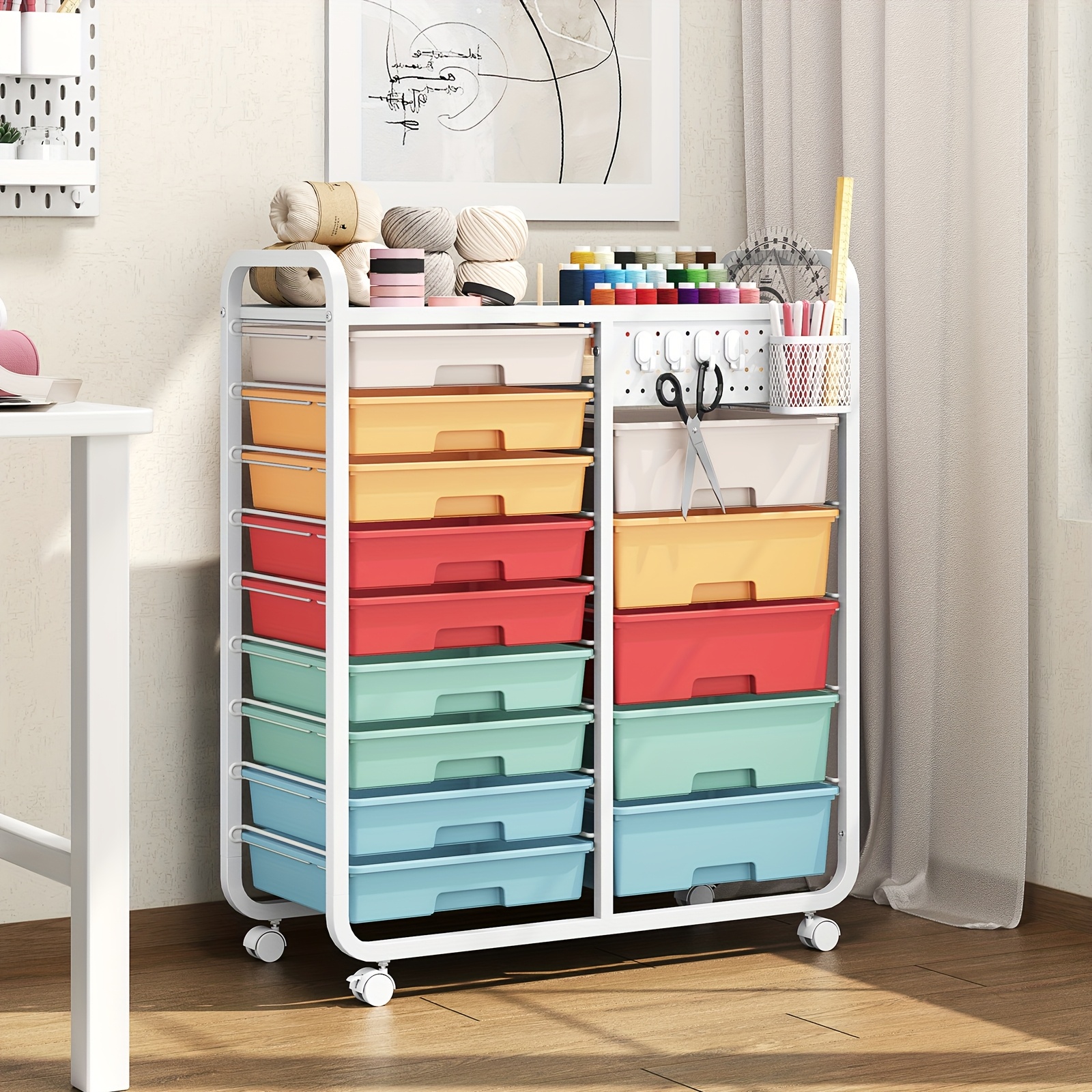   14 drawer rolling storage cart with tabletop pegboard mobile utility cabinet on wheels durable metal organizer with 14   drawers 3 2 cu ft capacity 27 height for home   craft art supplies craft storage cart