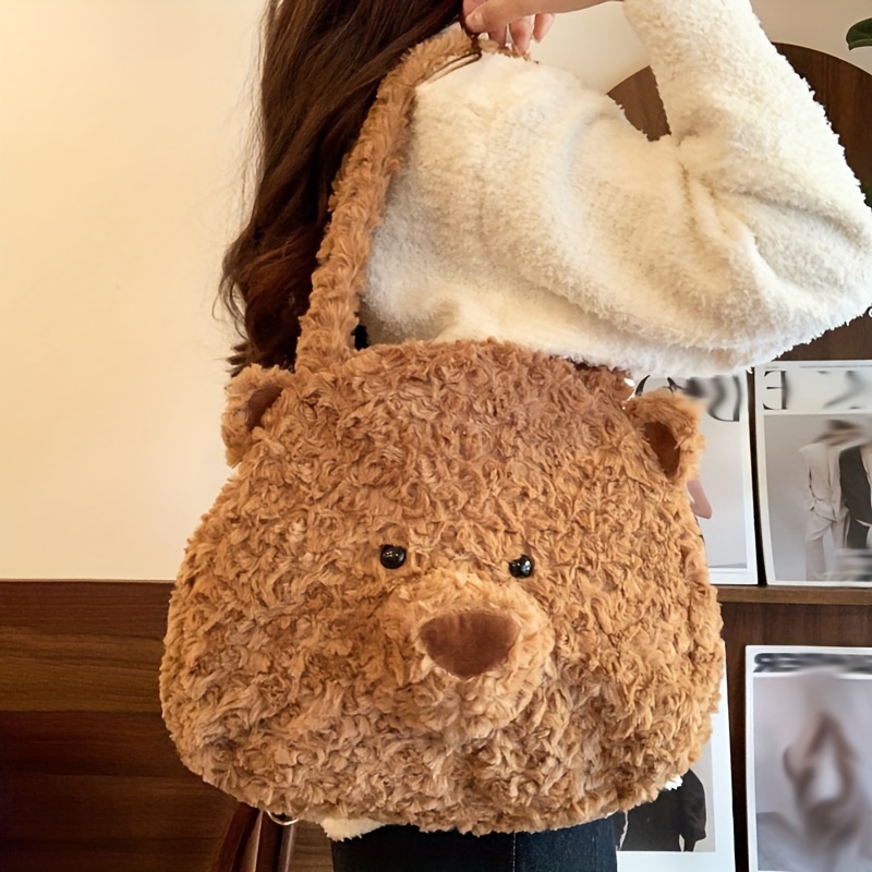 

Cute Plush Teddy Bear Shoulder Bag, Fabric Handbag With Polyester , Casual Commuter Tote, With Zipper Closure, For Daily Use