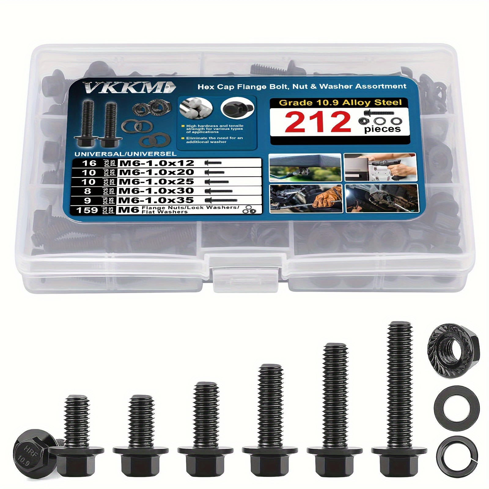 

212pcs M6 Hex Cap Flange Bolt Assortment Kit/screws, Nuts & Washers/black Oxide, M6-1.0 X 12/20/25/30/35mm, Reusable Storage Case With Adjustable Dividers