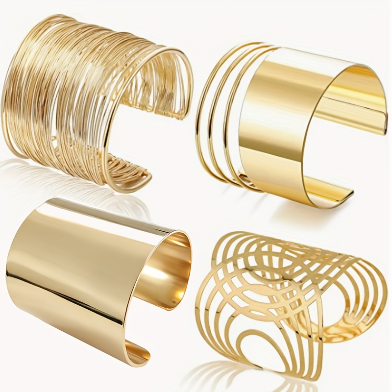 TEMU 4pcs Set Of Exquisite Geometric Hollow Sleeve Bracelet Women's Set - Style, Perfect For Parties And Holidays, Exaggerated Metal Bracelets