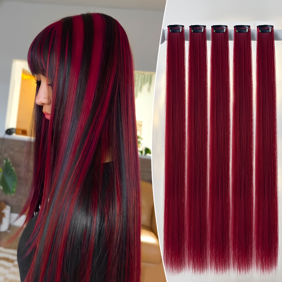 Image of 22 Inch Color Hair Clip Style Party Highlights, Color Accessories Wig Straight Synthetic Hair For Women (5pcs), Suitable For Concerts And Parties