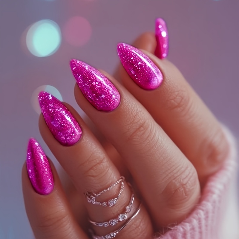 TEMU 24pcs/bag Rose Red Glossy Press-on Nail Tips With Coating, Full Almond-shaped Artificial Nails, Shiny Adhesive False Nails For Women And,