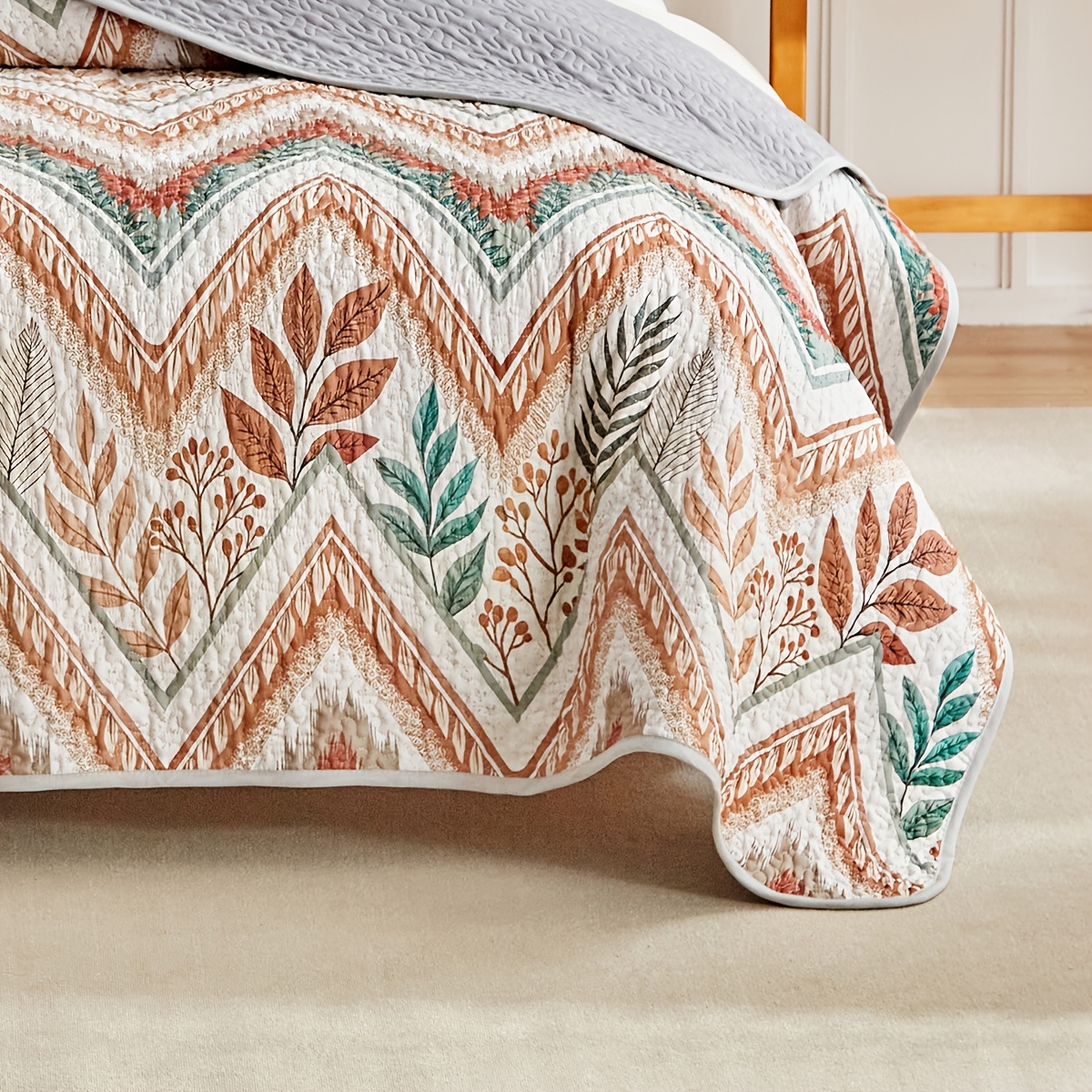 TEMU 3pcs Boho Chevron Botanical Bed Quilt Set, Vintage Leaf Geometric Pattern Reversible Bedspread Coverlet With 2 Pillow Shams For Bedroom Decor