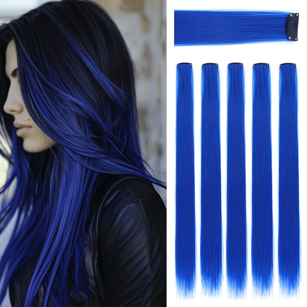 TEMU Blue 5 Packs Hair Extensions | 24" Clip In Hair Extension | Colourful Straight Long Hair Extensions Clip In Hair Synthetic Straight Hair Piece