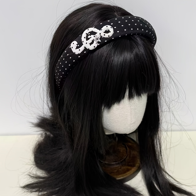 TEMU 1pc Polka Dot Music Note Headband, Black And White Treble Clef Star Rhinestone Hairband, Style Sponge Headband, Suitable For Women' Wear And