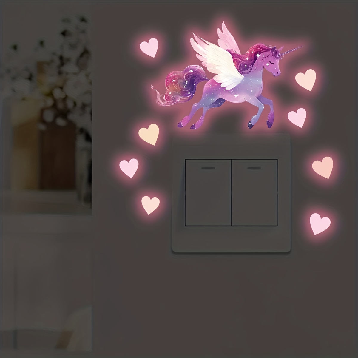Glowing Unicorn Heart Wall Stickers, Girly Bedroom Wall Decor, Self-adhesive -the- And Heart Switch Stickers