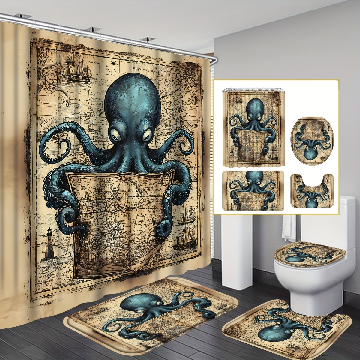 TEMU 4pcs Vintage Nautical Octopus Shower Curtain Sets, Bathroom Shower Curtain, Toilet Lid, Non-slip , Housewarming Gift, Home Decor Additions, Bathroom Decor Sets With 12 Hooks