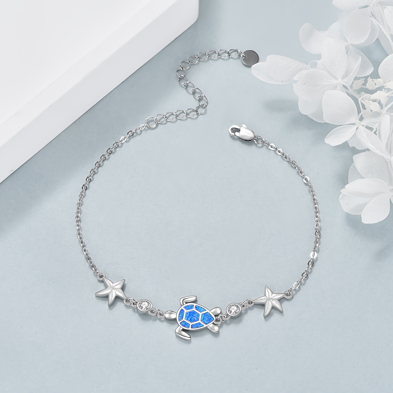925 Sterling Silver Opal Sea Turtle Link Chain Starfish Bracelet