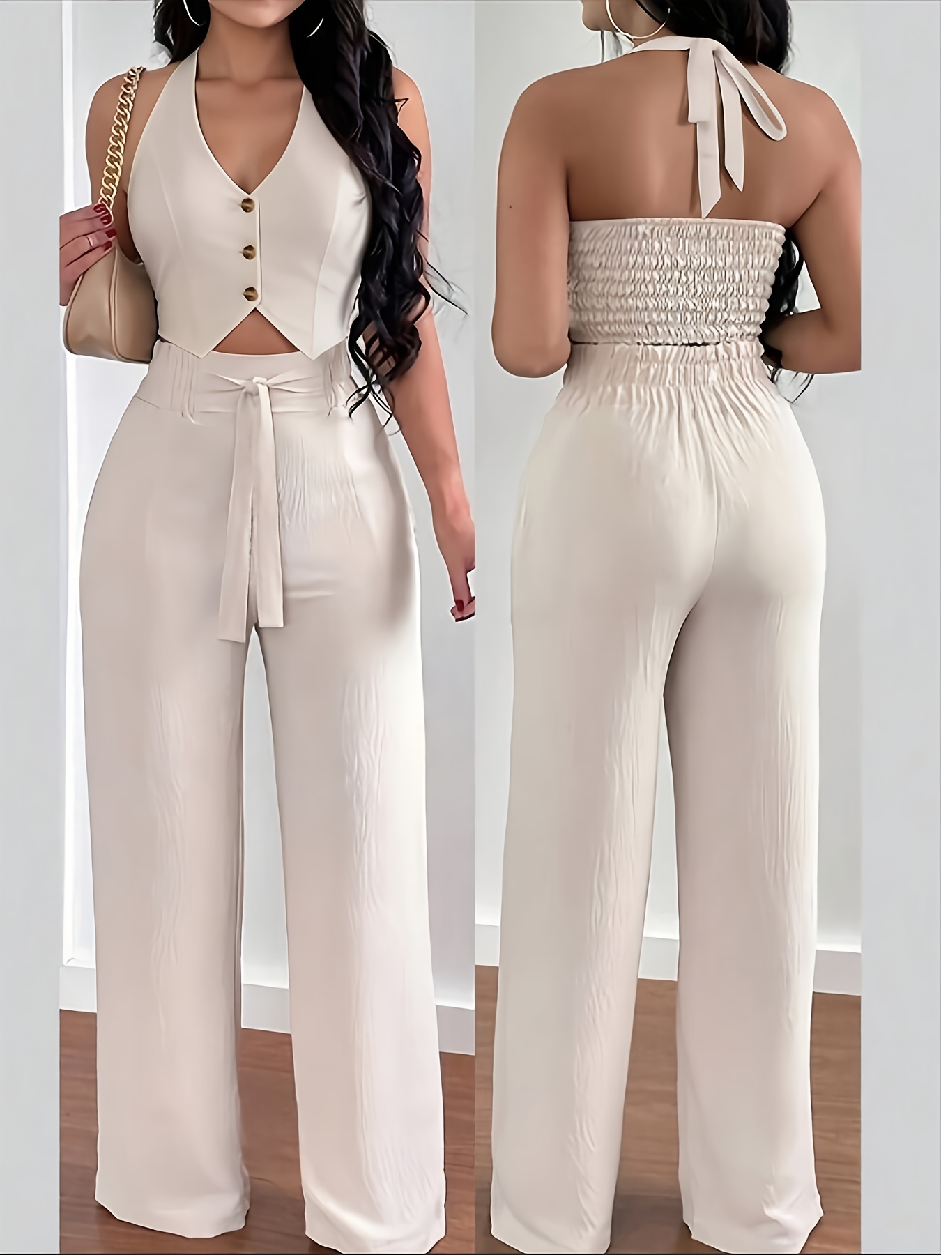 Nuevo conjunto de dos piezas para mujer: elegante top halter sin espalda y pantalones de pierna ancha, ideal para vacaciones y un estilo casual