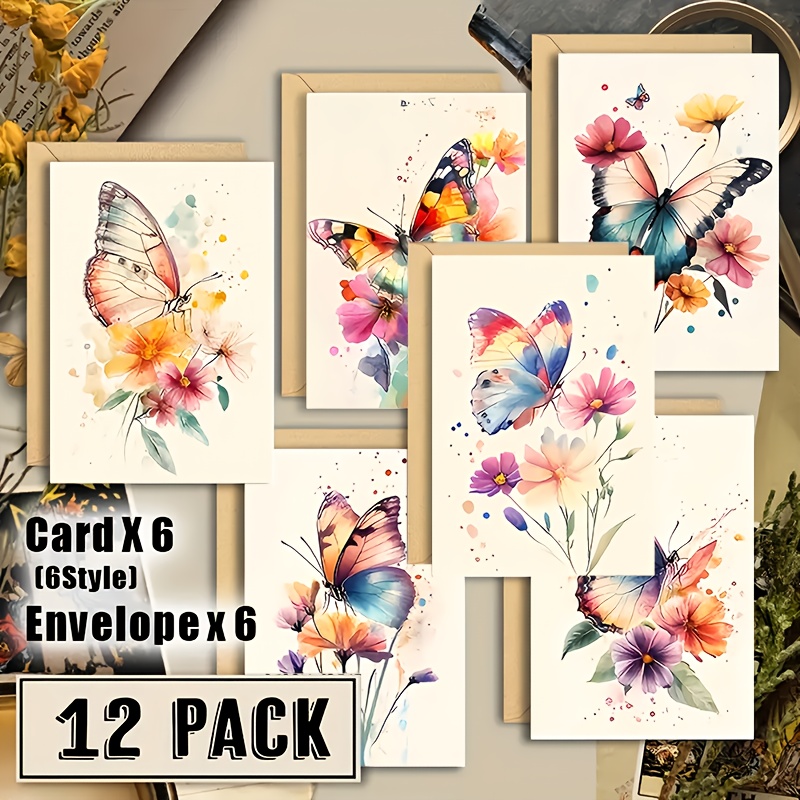 E-shop 12 Stück handbemalte Aquarell Schmetterling Glückwunschkarten Set, mit Umschlag | Premium Papier, 3D Display | Perfektes Geburtstagsgeschenk für