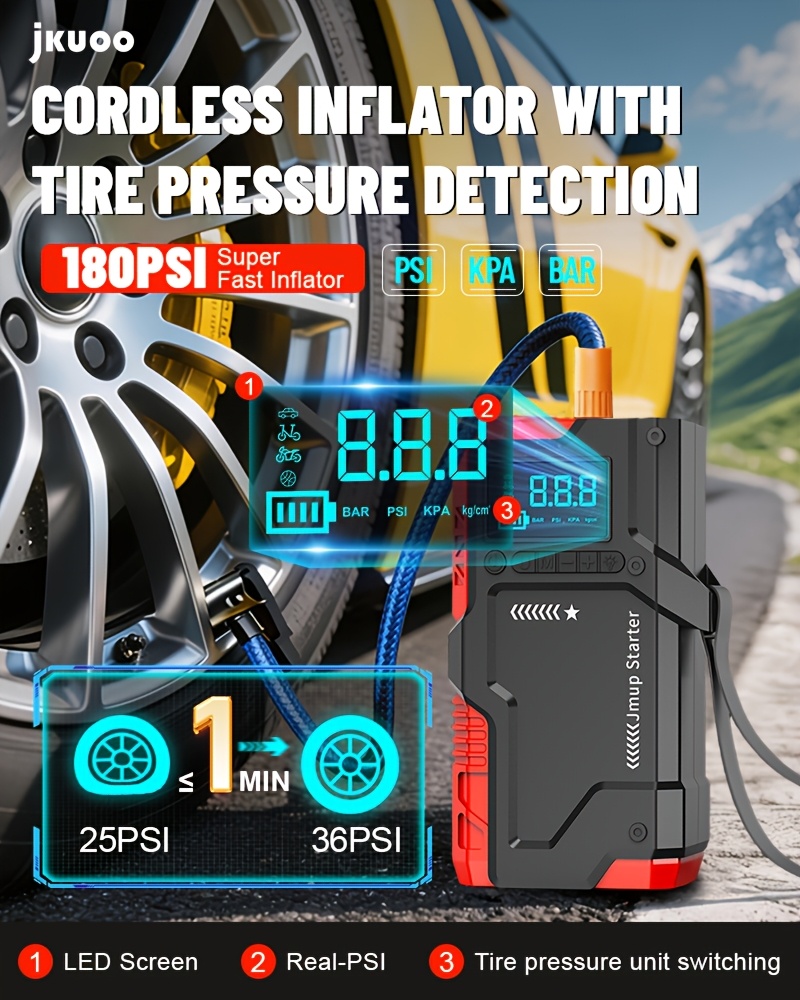 2026 Upgraded Multi-Function 180PSI Portable Air Compressor, Tire Inflator, Built-In 8000Mah Large Capacity Battery, Car Emergency Starter. 8000A Peak Current, Digital Tire Pressure Gauge, Heavy-Duty Power Pack