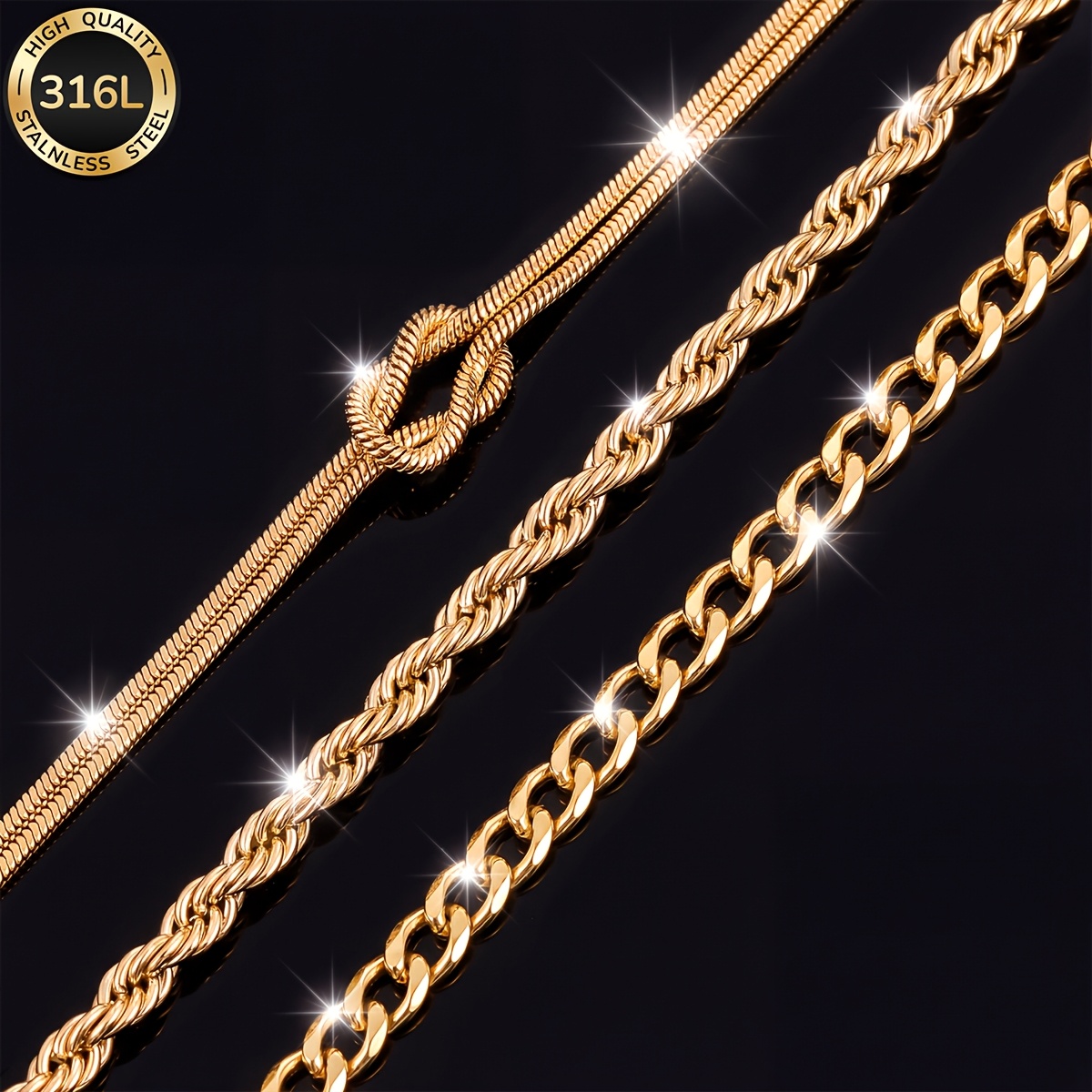 3pcs Women's 316L Stainless Steel 18K Golden Plated Bracelet Set