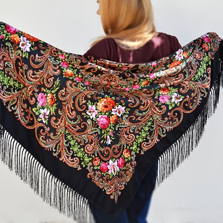 Image of A Women's New Printed Rose Floral Tassel Square Scarf, A Vintage And Elegant Versatile Shawl For Casual Wear, A Stylish Accessory For , And A Warm Decorative Scarf For Dresses And Evening Events