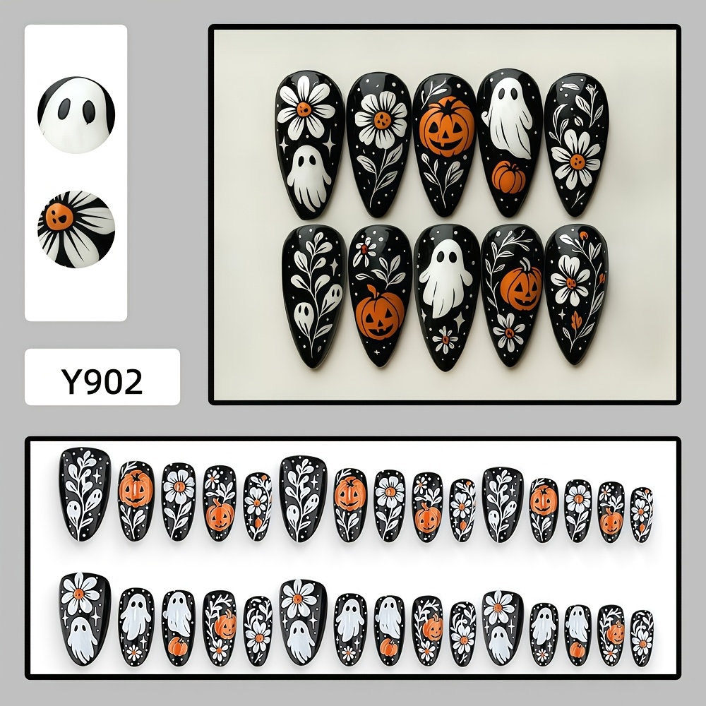 TEMU 30pcs Long Almond Press-on Nails Suitable For Halloween - Hand-painted Suitable For Daisy & Pumpkin, Sweet & Dark Style Glossy Fake Nails With