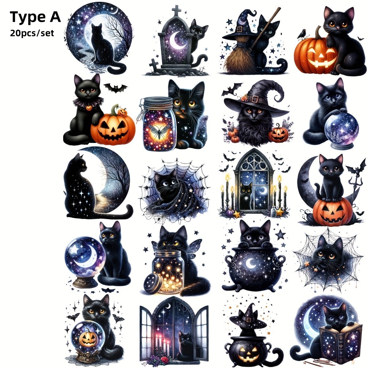 Image of 20pcs/set Vintage Handmade Creative Halloween Mysterious Starry Cat Decorative Stickers For Diary, Stickers For Journals, Magazine Decorations, And Gifts