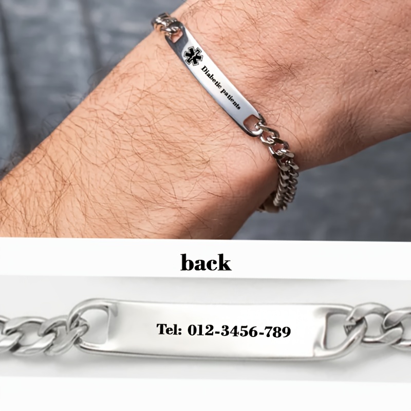 TEMU Customized Men's 304 304 Stainless Steel Medical Pattern Bracelet, Bracelet Engraved With Phone Number, Emergency Id Bracelet, Gift For Allergy