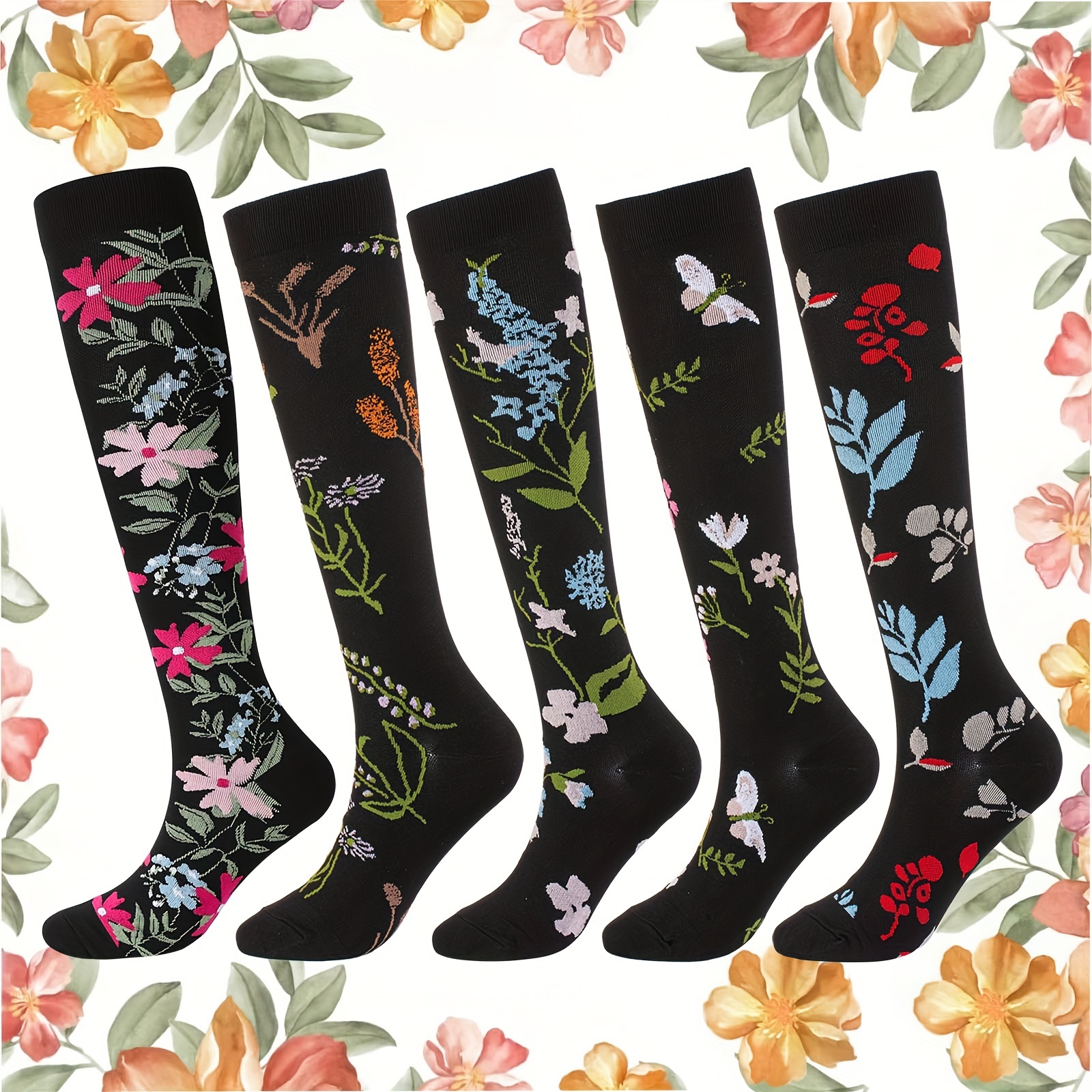 

5 Pairs Of Floral Long Tube Socks, Socks, Sports Socks, And Casual Socks Are Suitable, And The Cuffs Of The Socks Are Not Easy To Slip