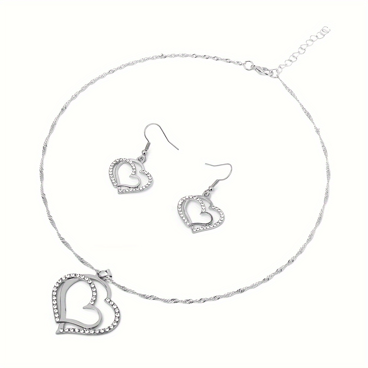 a creative and unique jewelry set consisting of 1 pair of earrings and 1 necklace featuring a sparkling heart shaped design with shiny rhinestones   accessorizing daily outfits or party wear details 3