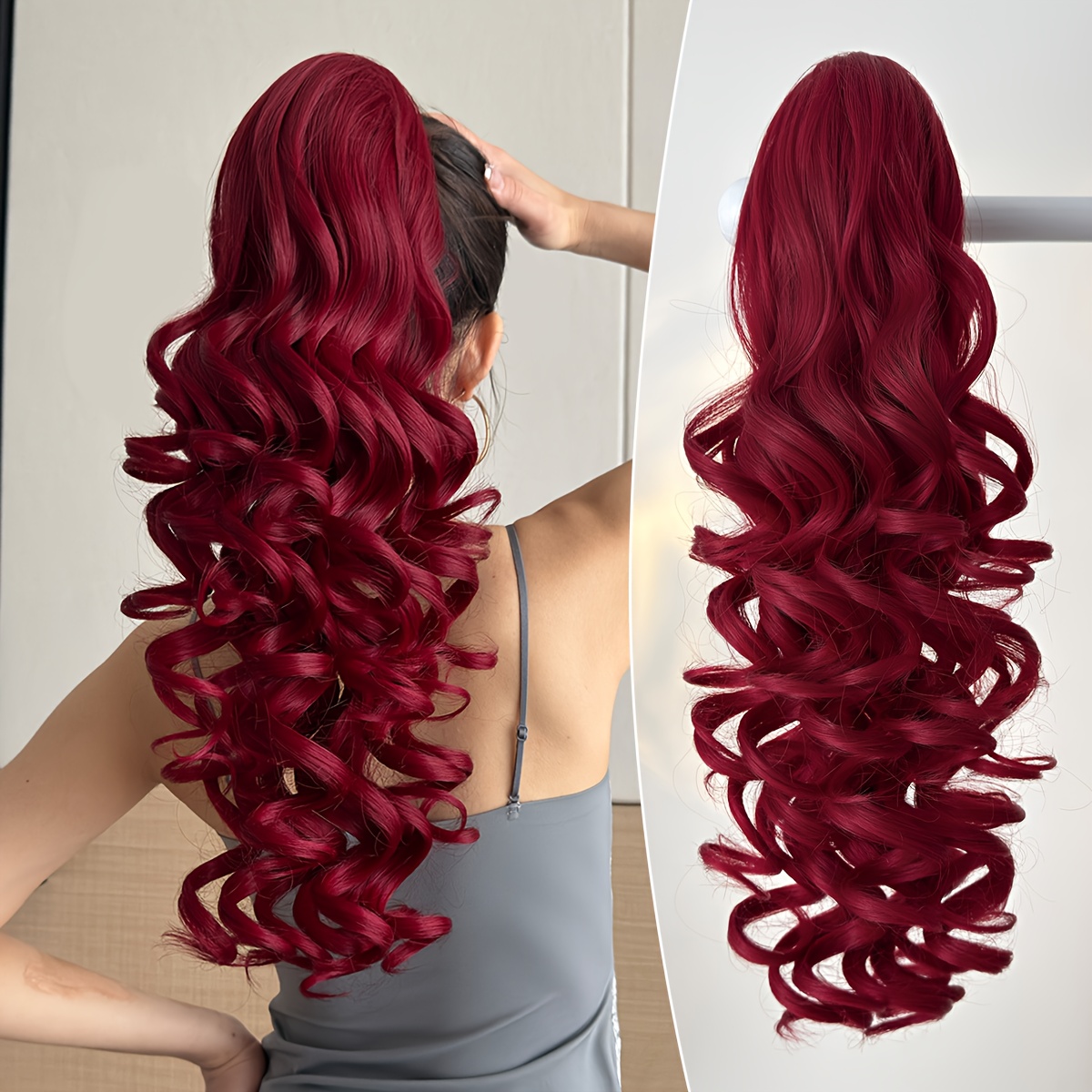 E-shop Klauenförmige Pferdeschwanzverlängerung Haaraccessoire Dunkelbraun 22 Zoll Lange Welle Hitzebeständige Faser Synthetische Pferdeschwanzperücke,