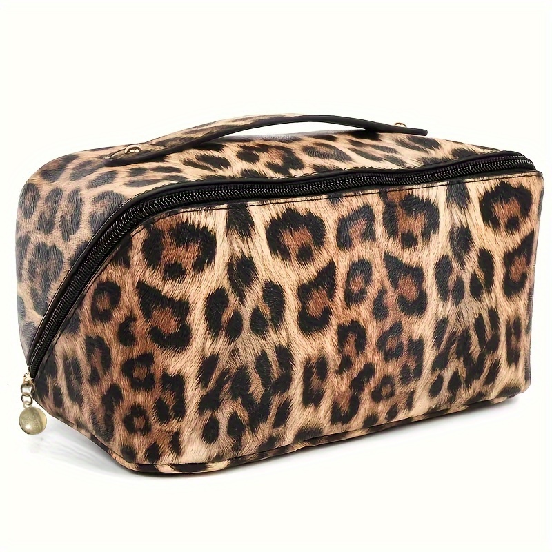 stylish leopard pattern zipper makeup bag lightweight carry on bag versatile toiletry wash bag details 1