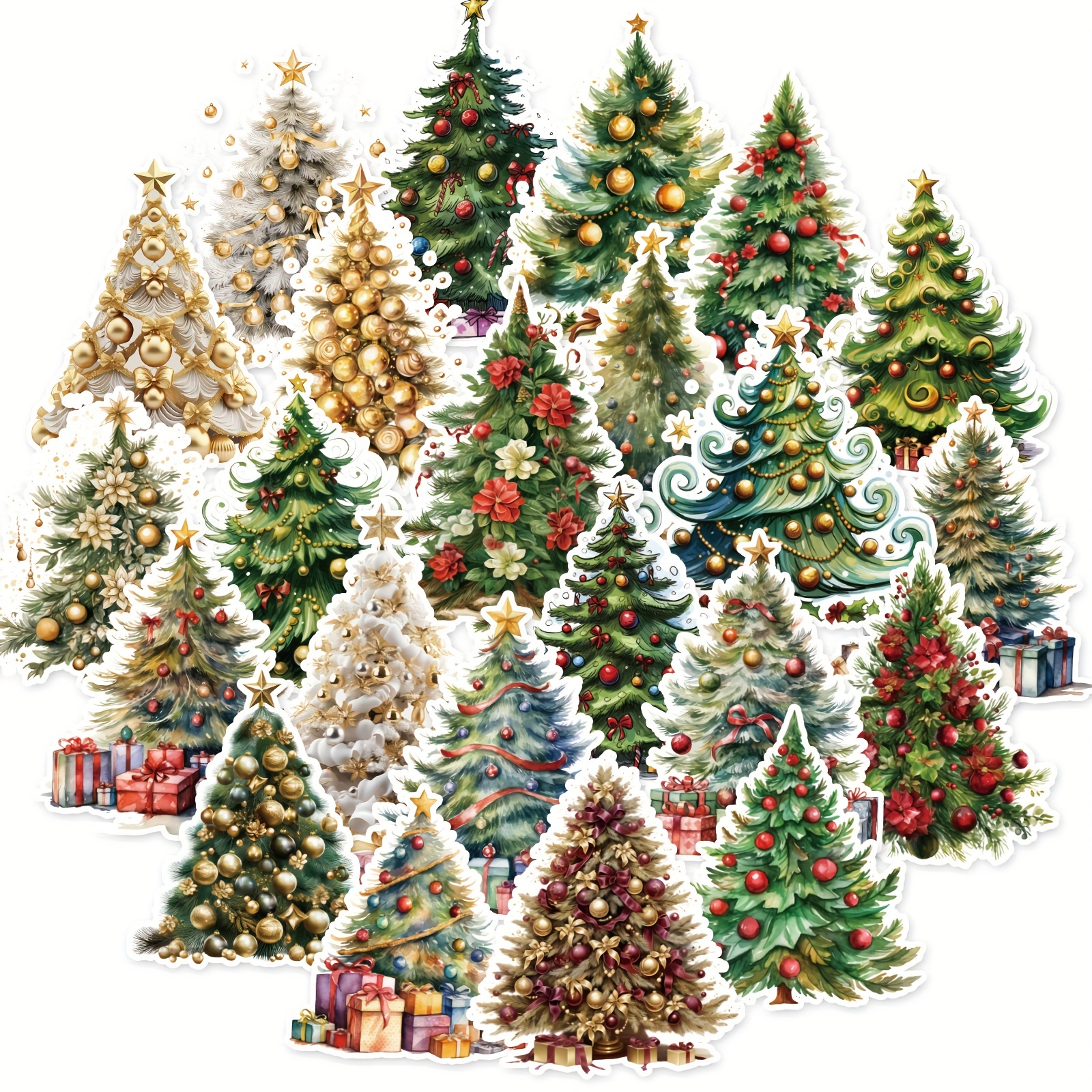 Image of 46pcs Christmas Tree Theme Stickers, Christmas Decorate Stickers For Junk Journal Collage Diy Crafts, Vinyl Stickers For Water Bottles Laptops, Phone Case