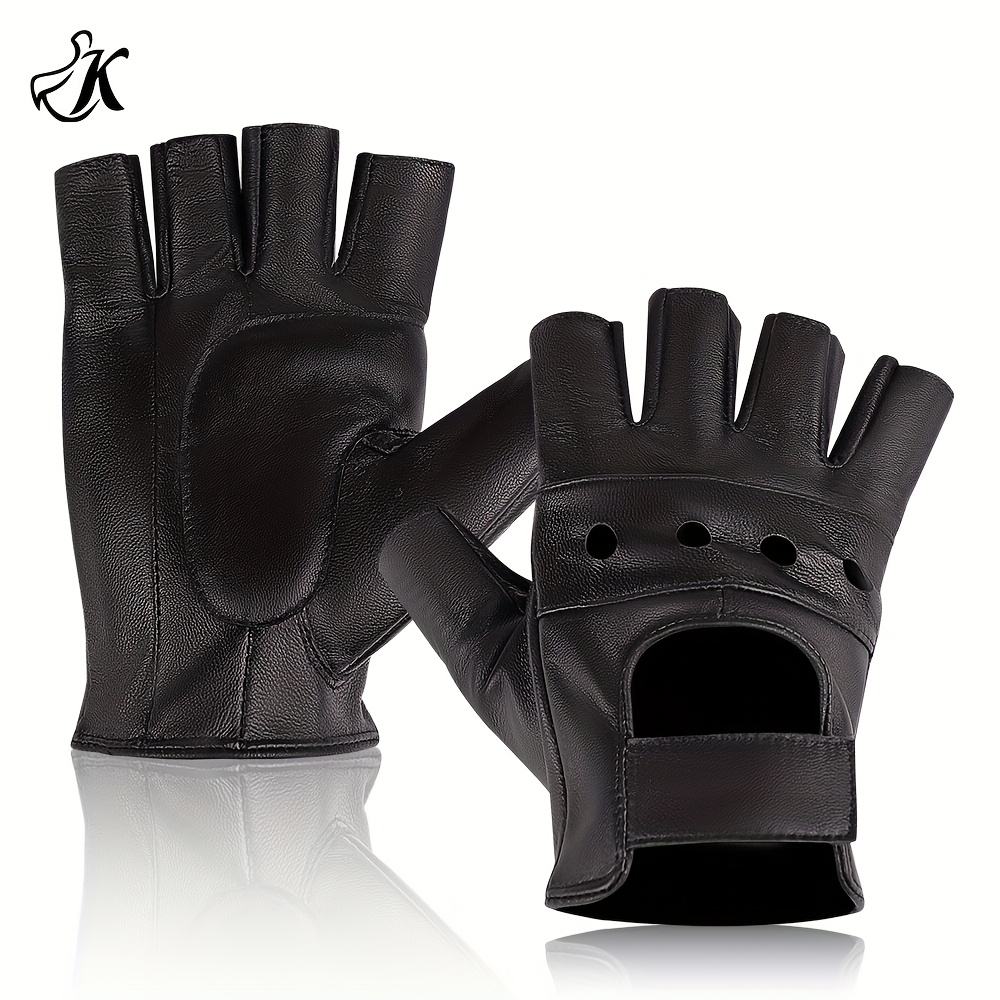 E-shop 1 Paar Halbfinger-Fahrhandschuhe aus reinem Schaffell, mit verdickter Handfläche und Verschlussdesign - Hergestellt aus hochwertigem Schaffell