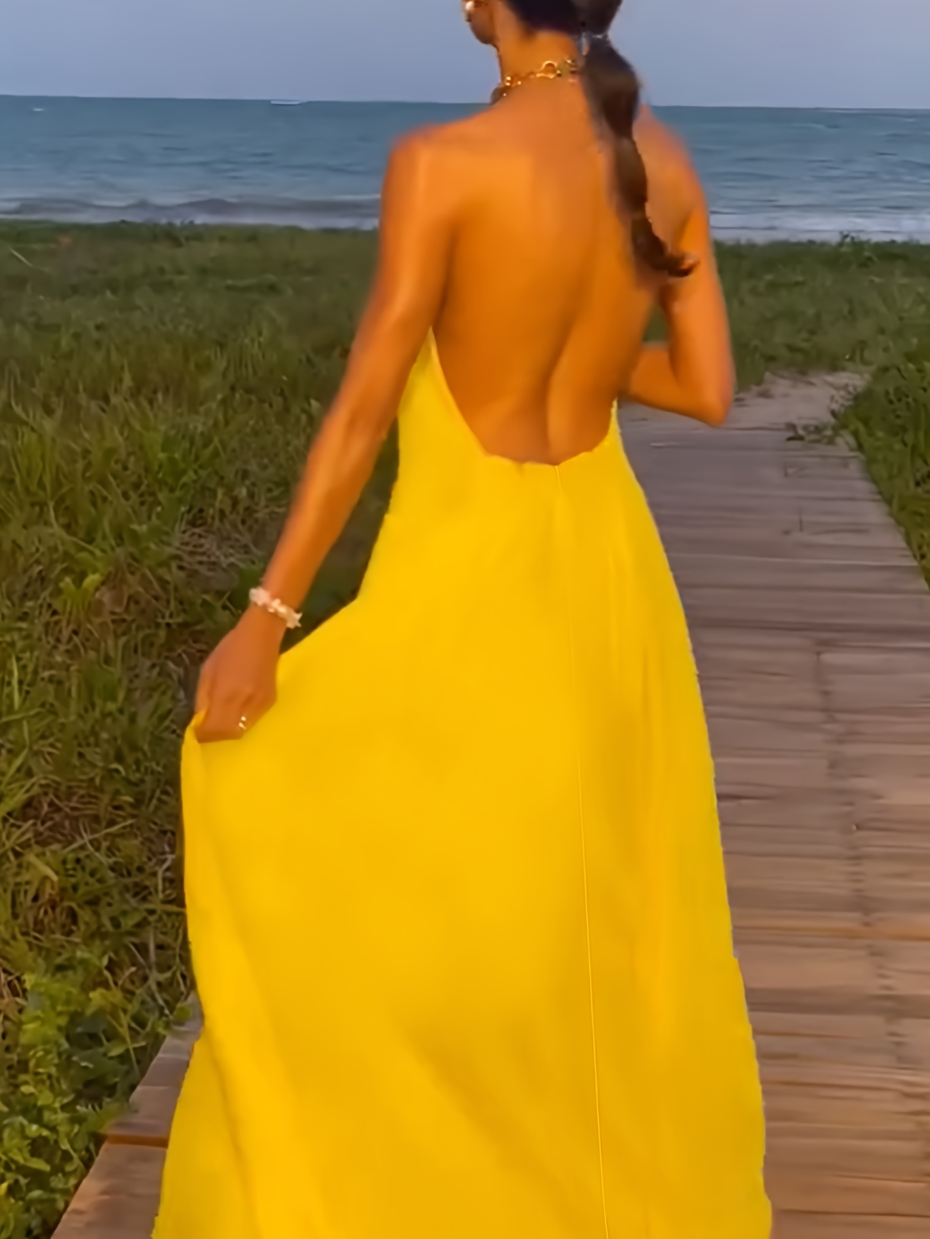 yellow backless halter dress Long Yellow Ruffled Halter Prom Dress with Beads Yellow / 7