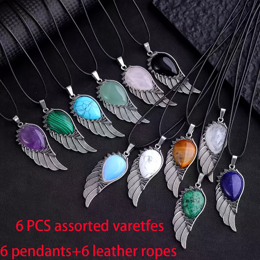 Image of 12pcs Set Natural Stone Wings Alloy Pendant Necklace Sweater Chain Bracelet And Jewelry Additions Gift Birthday Gift Halloween And Christmas Gift Suitable For Jewelry Making